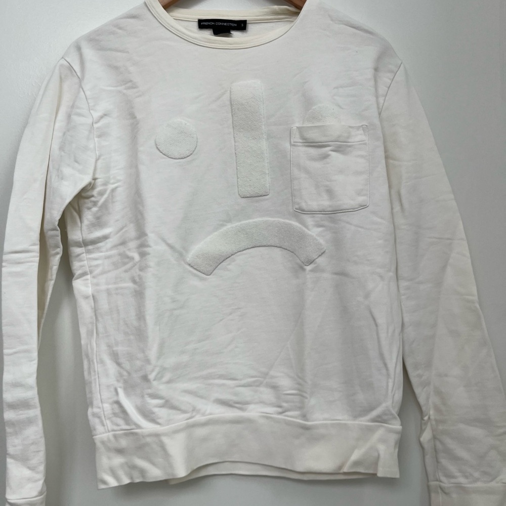 French Connection White Sad Face Crewneck Sweater
